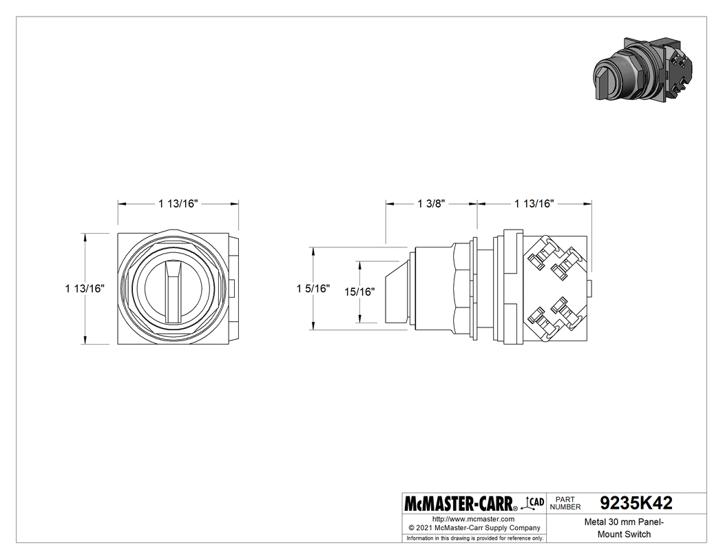 Technical Drawing of 30 mm Panel-Mount Switch, 15/16" Lever, 2 Position, 2 Circuit.
